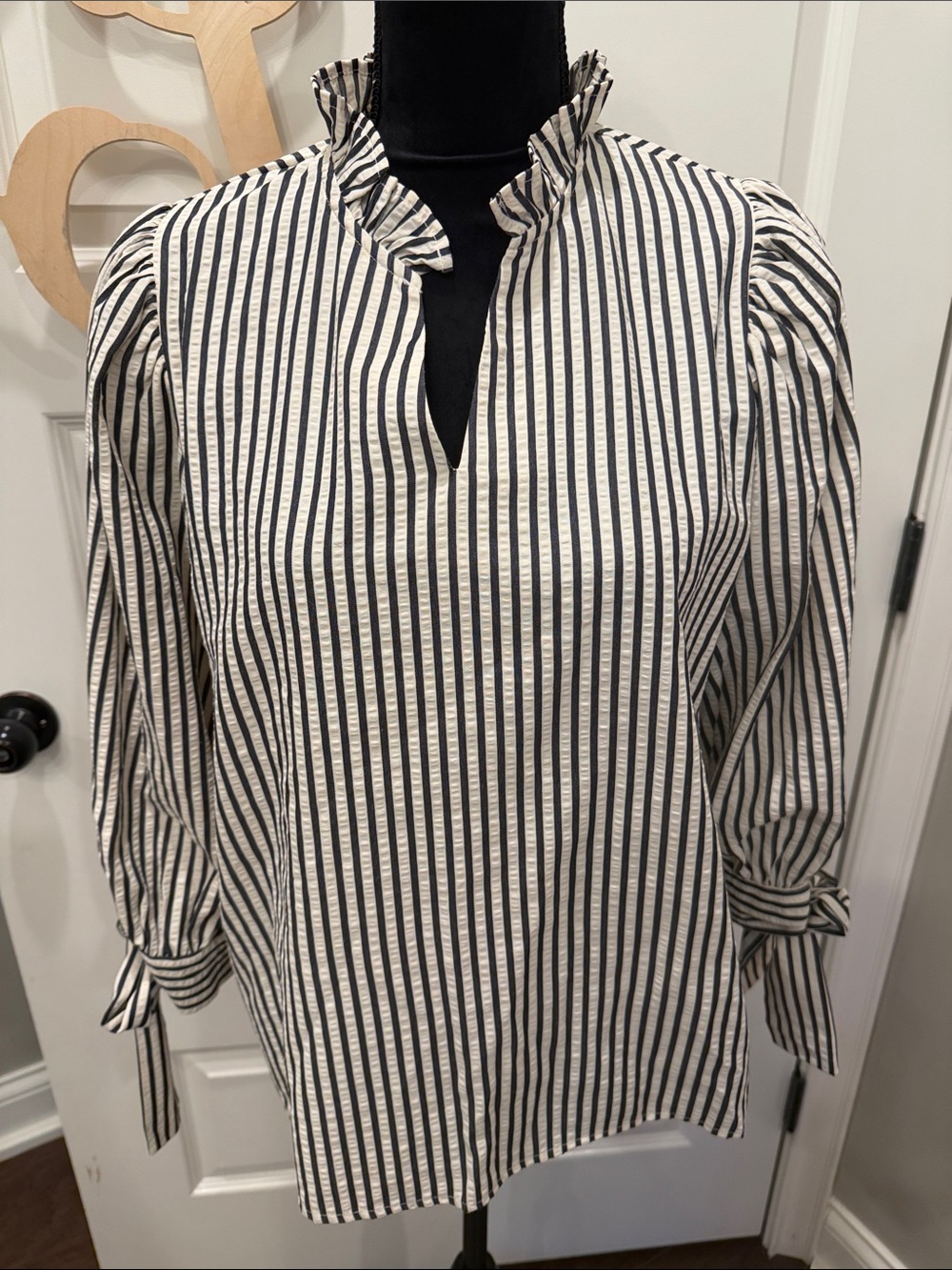 entro Black & White Vertical Stripe Ruffle Neck Blouse